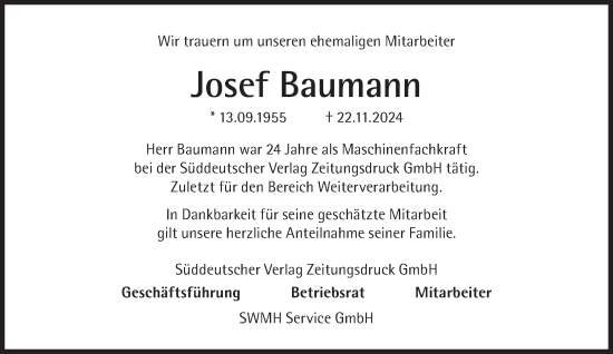 Traueranzeige von Josef Baumann von Süddeutsche Zeitung