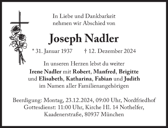 Traueranzeige von Joseph Nadler von Süddeutsche Zeitung