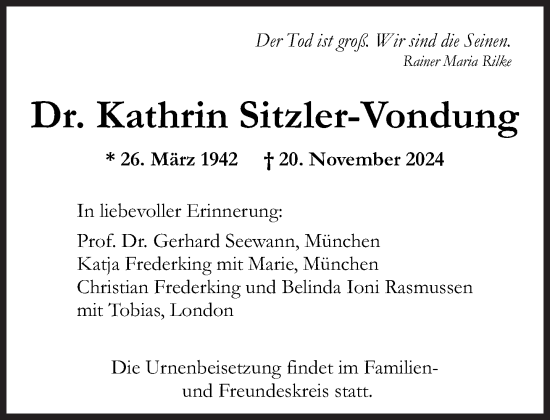 Traueranzeige von Kathrin Sitzler-Vondung von Süddeutsche Zeitung