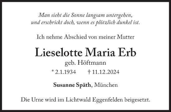 Traueranzeige von Lieselotte Maria Erb von Süddeutsche Zeitung