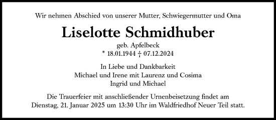 Traueranzeige von Liselotte Schmidhuber von Süddeutsche Zeitung