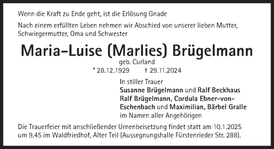 Traueranzeige von Maria-Luise Brügelmann von Süddeutsche Zeitung