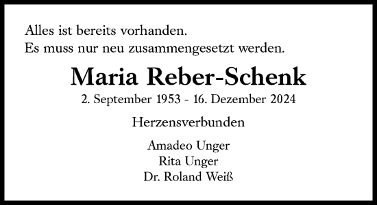 Traueranzeige von Maria Reber-Schenk von Süddeutsche Zeitung