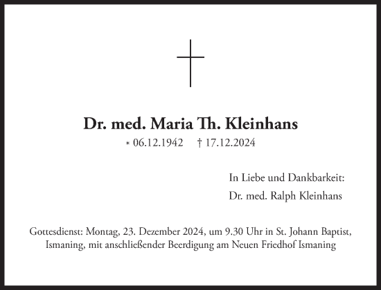 Traueranzeige von Maria Th. Kleinhans von Süddeutsche Zeitung