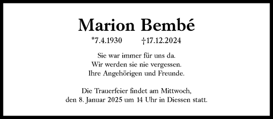 Traueranzeige von Marion Bembe von Süddeutsche Zeitung