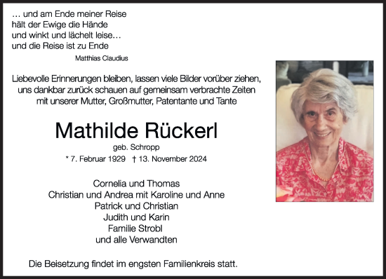 Traueranzeige von Mathilde Rückerl von Süddeutsche Zeitung