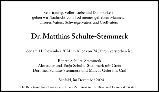 Traueranzeige von Matthias Schulte-Stemmerk von Süddeutsche Zeitung