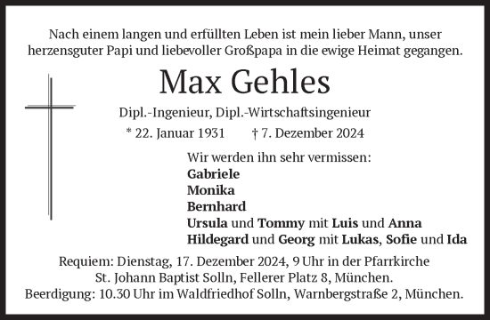 Traueranzeige von Max Gehles von Süddeutsche Zeitung