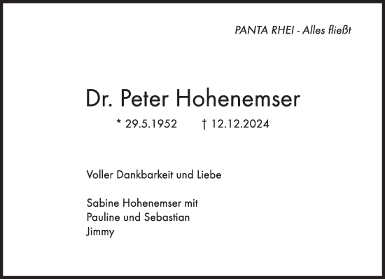 Traueranzeige von Peter Hohenemser von Süddeutsche Zeitung