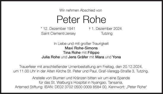 Traueranzeige von Peter Rohe von Süddeutsche Zeitung