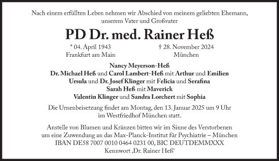 Traueranzeige von Rainer Heß von Süddeutsche Zeitung