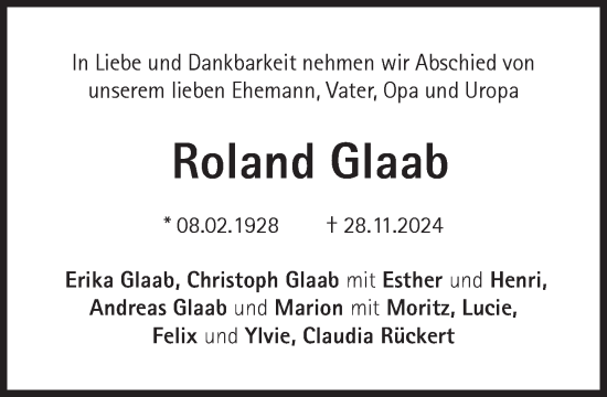 Traueranzeige von Roland Glaab von Süddeutsche Zeitung