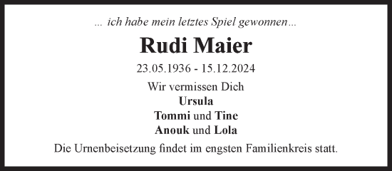 Traueranzeige von Rudi Maier von Süddeutsche Zeitung