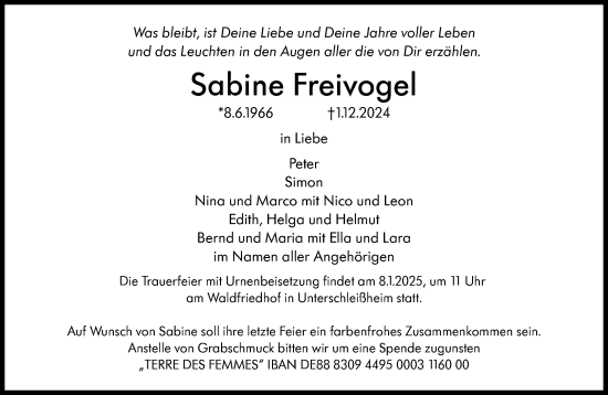 Traueranzeige von Sabine Freivogel von Süddeutsche Zeitung