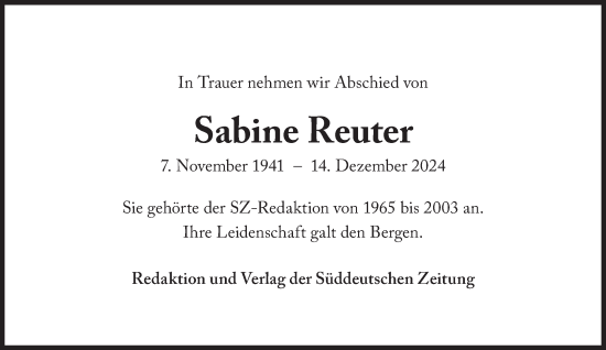 Traueranzeige von Sabine Reuter von Süddeutsche Zeitung