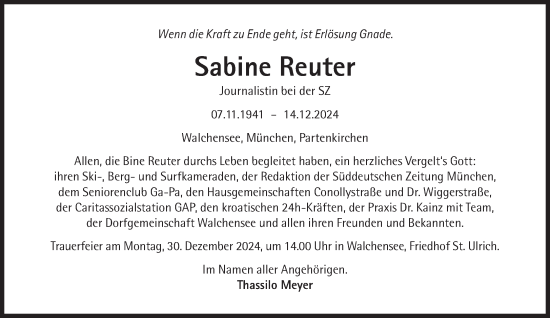 Traueranzeige von Sabine Reuter von Süddeutsche Zeitung