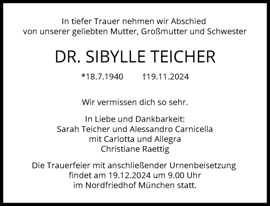 Traueranzeige von Sibylle Teicher von Süddeutsche Zeitung