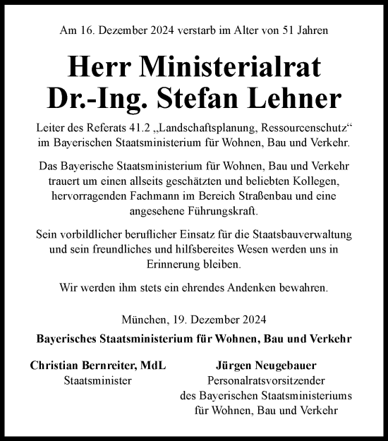 Traueranzeige von Stefan Lehner von Süddeutsche Zeitung