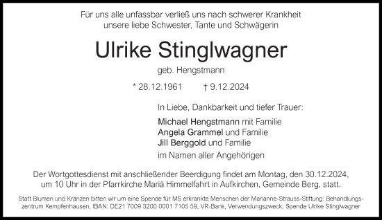 Traueranzeige von Ulrike Stinglwagner von Süddeutsche Zeitung