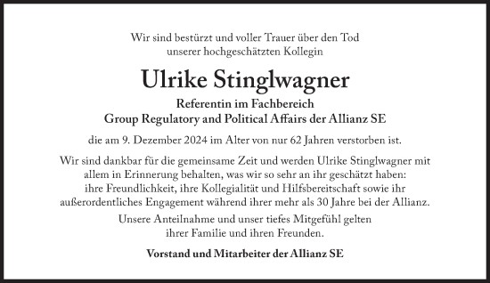 Traueranzeige von Ulrike Stinglwagner von Süddeutsche Zeitung