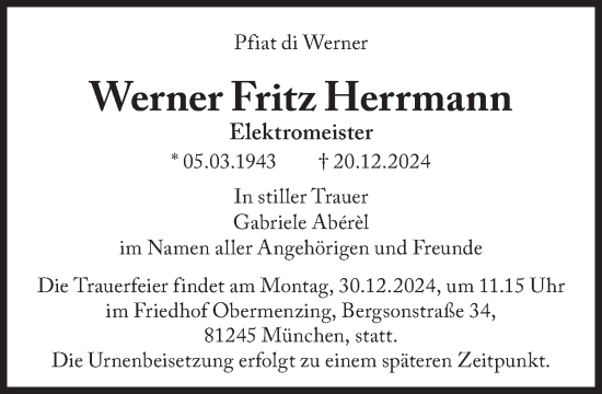 Traueranzeige von Werner Fritz Herrmann von Süddeutsche Zeitung