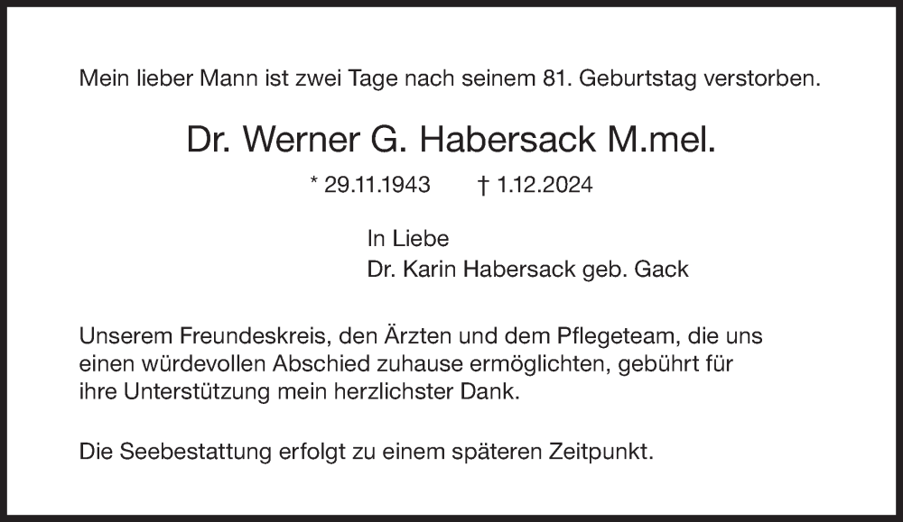  Traueranzeige für Werner G. Habersack vom 07.12.2024 aus Süddeutsche Zeitung