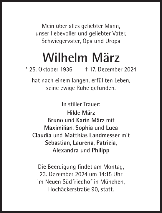 Traueranzeige von Wilhelm März von Süddeutsche Zeitung