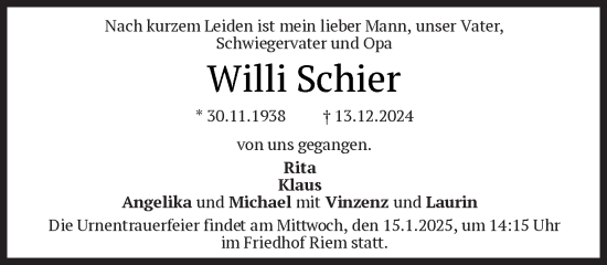 Traueranzeige von Willi Schier von Süddeutsche Zeitung