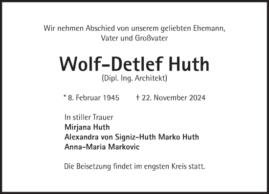 Traueranzeige von Wolf-Detlef Huth von Süddeutsche Zeitung