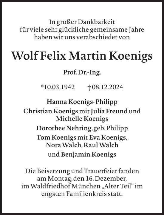 Traueranzeige von Wolf Felix Martin Koenigs von Süddeutsche Zeitung