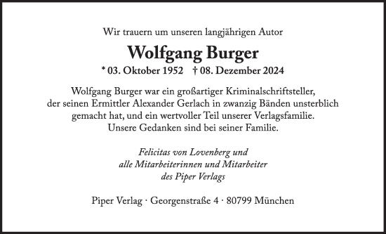 Traueranzeige von Wolfgang Burger von Süddeutsche Zeitung