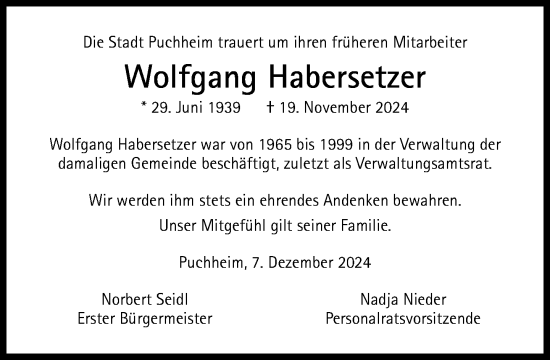 Traueranzeige von Wolfgang Habersetzer von Süddeutsche Zeitung