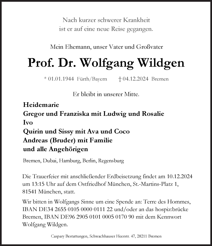  Traueranzeige für Wolfgang Wildgen vom 07.12.2024 aus Süddeutsche Zeitung