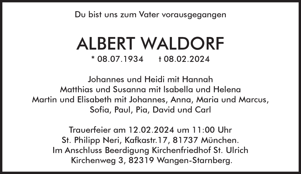  Traueranzeige für Albert Waldorf vom 10.02.2024 aus Süddeutsche Zeitung