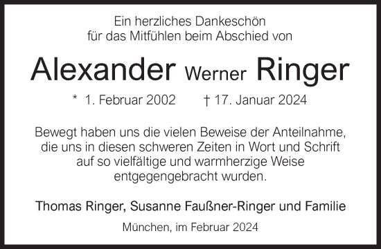 Traueranzeige von Alexander Werner Ringer von Süddeutsche Zeitung
