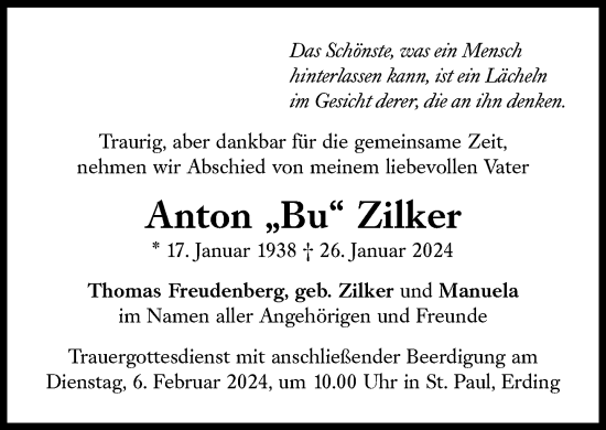 Traueranzeige von Anton Zilker von Süddeutsche Zeitung