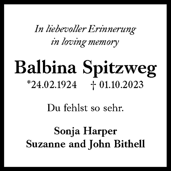 Traueranzeige von Balbina Spitzweg von Süddeutsche Zeitung