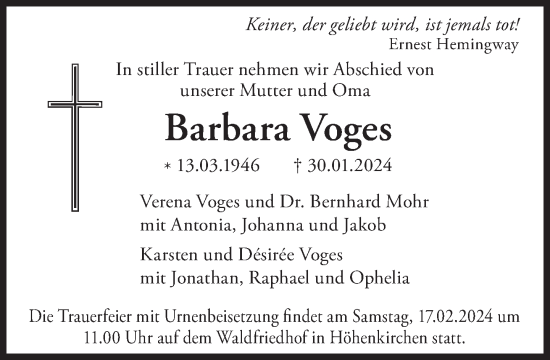 Traueranzeige von Barbara Voges von Süddeutsche Zeitung