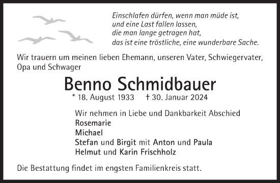 Traueranzeige von Benno Schmidbauer von Süddeutsche Zeitung