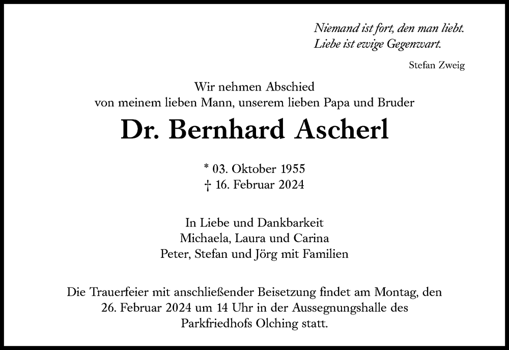  Traueranzeige für Bernhard Ascherl vom 23.02.2024 aus Süddeutsche Zeitung