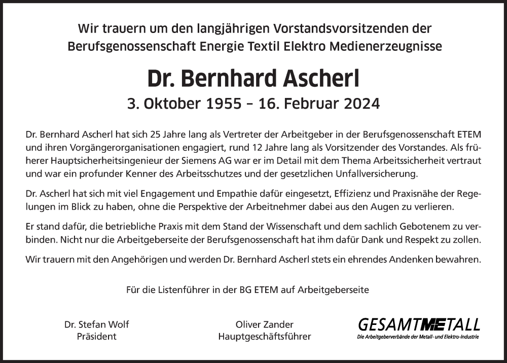  Traueranzeige für Bernhard Ascherl vom 23.02.2024 aus Süddeutsche Zeitung