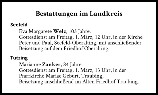 Traueranzeige von Bestattungen vom 01.03.2024 von Süddeutsche Zeitung