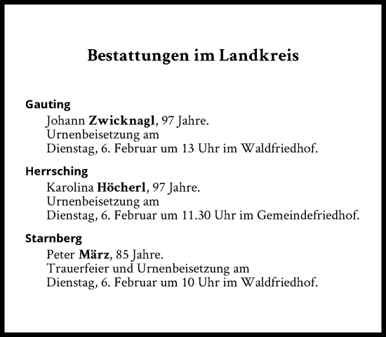 Traueranzeige von Bestattungen vom 06.02.2024 von Süddeutsche Zeitung