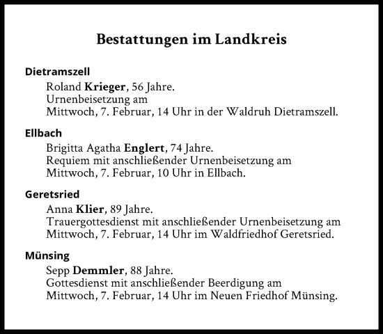 Traueranzeige von Bestattungen vom 07.02.2024 von Süddeutsche Zeitung