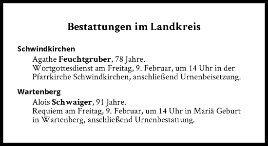 Traueranzeige von Bestattungen vom 09.02.2024 von Süddeutsche Zeitung