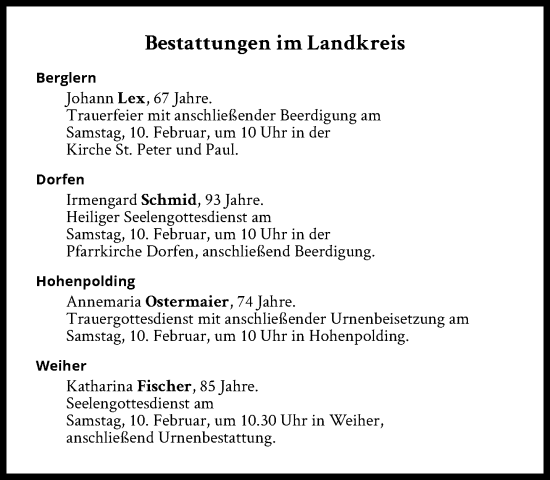 Traueranzeige von Bestattungen vom 10.02.2024 von Süddeutsche Zeitung