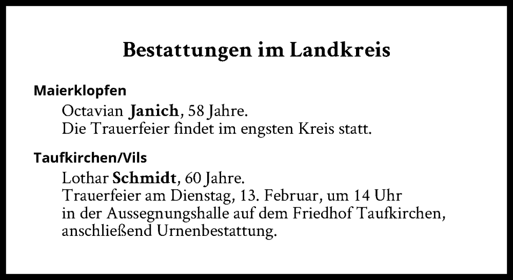  Traueranzeige für Bestattungen vom 13.02.2024 vom 13.02.2024 aus Süddeutsche Zeitung