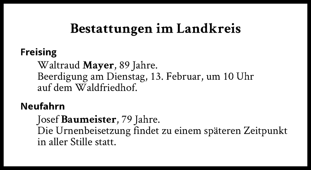  Traueranzeige für Bestattungen vom 13.02.2024 vom 13.02.2024 aus Süddeutsche Zeitung