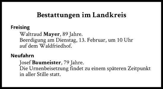 Traueranzeige von Bestattungen vom 13.02.2024 von Süddeutsche Zeitung