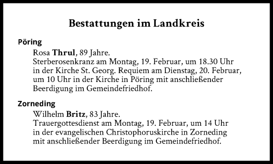 Traueranzeige von Bestattungen vom 19.02.2024 von Süddeutsche Zeitung